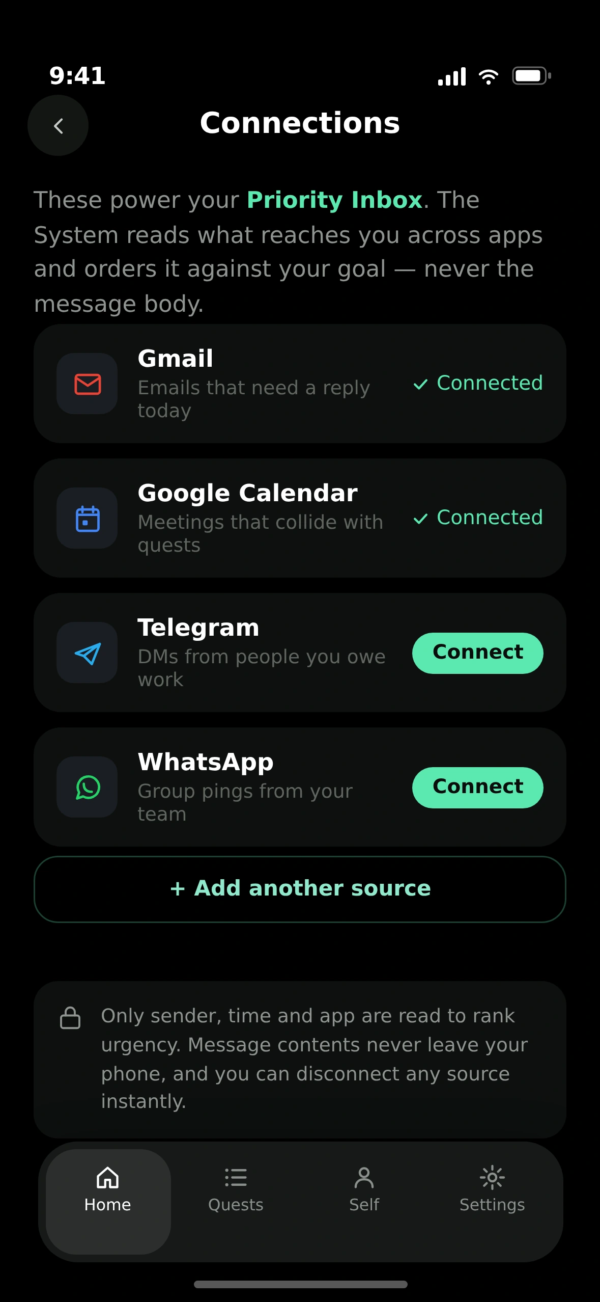 Connections — Gmail, Calendar, Telegram, Notion