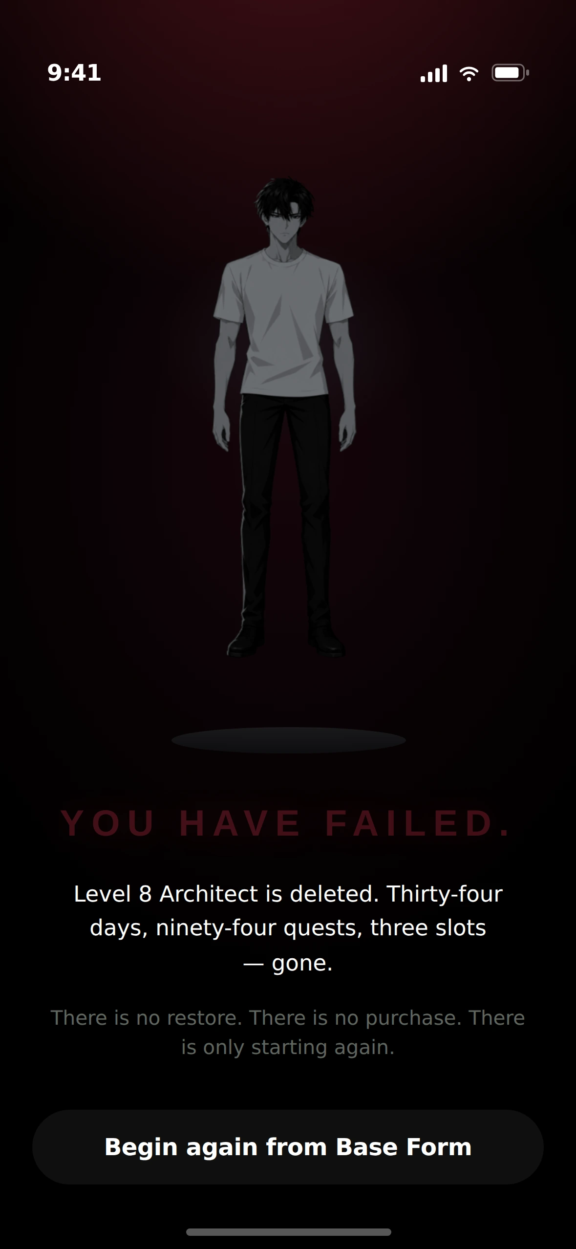 Death screen — character deleted at zero HP