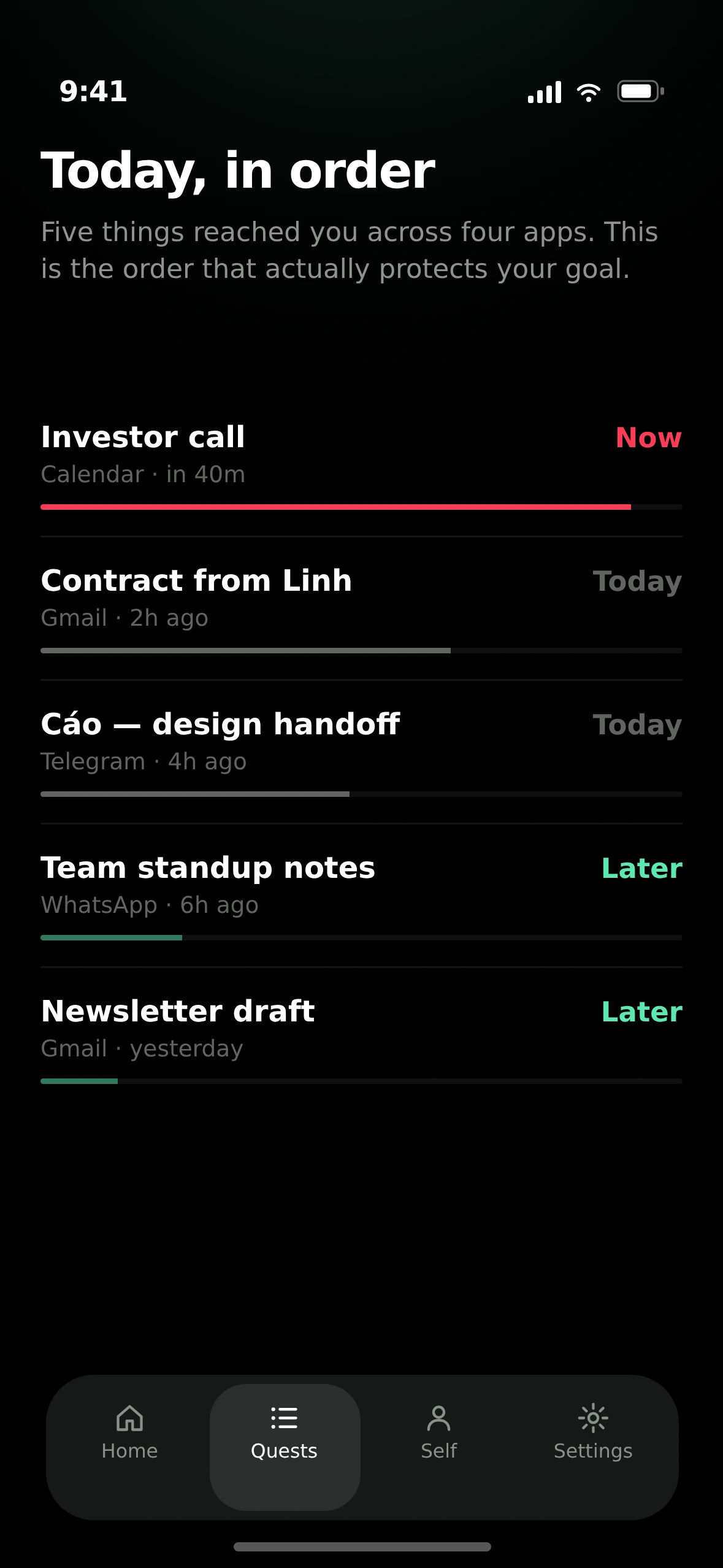 Triage screen — 37 signals ranked into reply now, before tonight and can wait